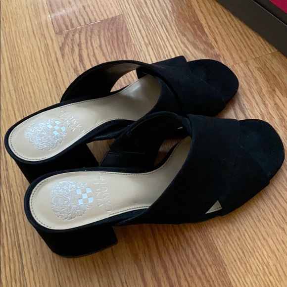 Vince Camuto Sessa Suede Black Open Toe Heel Slip - Picture 2 of 5